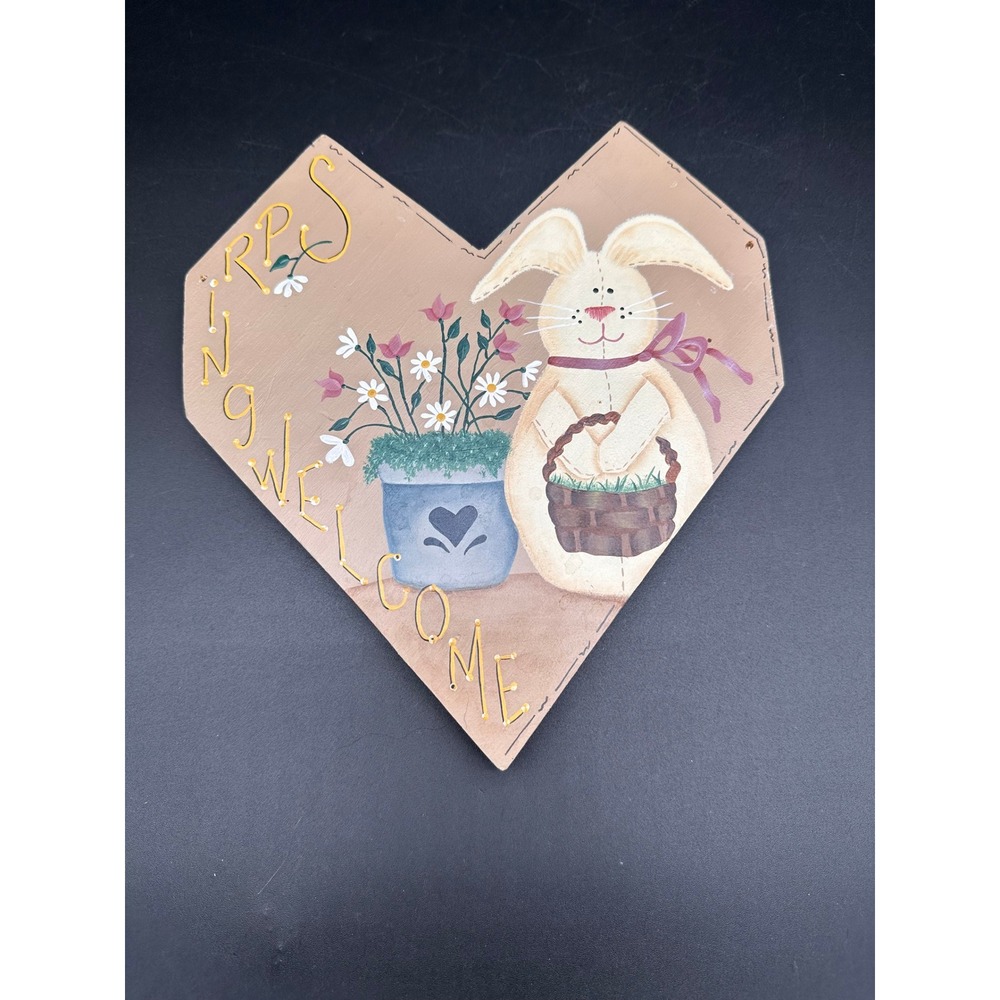 Handmade Spring Welcome Heart Sign Wood Plaque Easter Bunny Floral Wall Decor